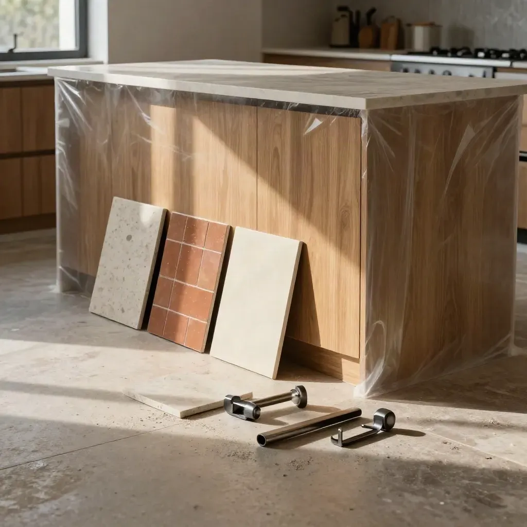 Cucina in ristrutturazione con campioni di materiali su superficie protetta e luce calda
