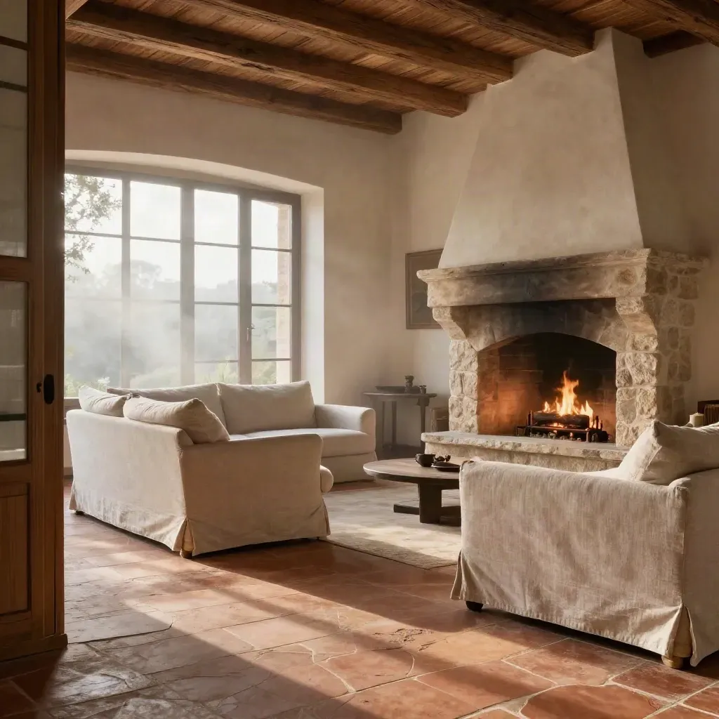 Salotto di villa toscana con cotto, travi chiare, camino e luce calda.