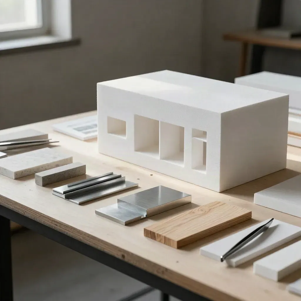 Tavolo tecnico con modelli architettonici bianchi e campioni materiali in luce radente.