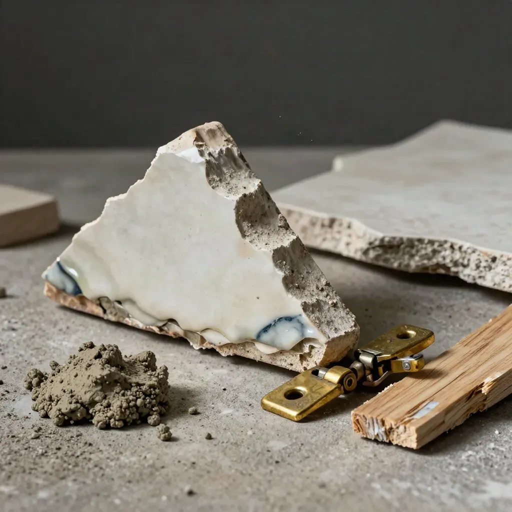 Intonaco, piastrella, cerniera in ottone, malta e legno su banco da cantiere