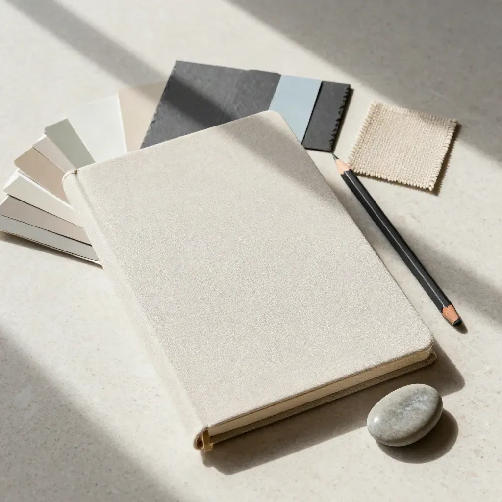 Flatlay di brief iniziale con notebook in lino, campioni colore, matita, pietra e tessuto.