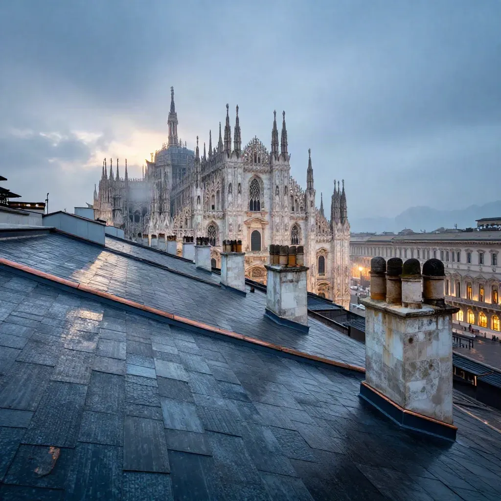 Tetti di Milano bagnati, guglie del Duomo in alto e Alpi nella foschia del tramonto