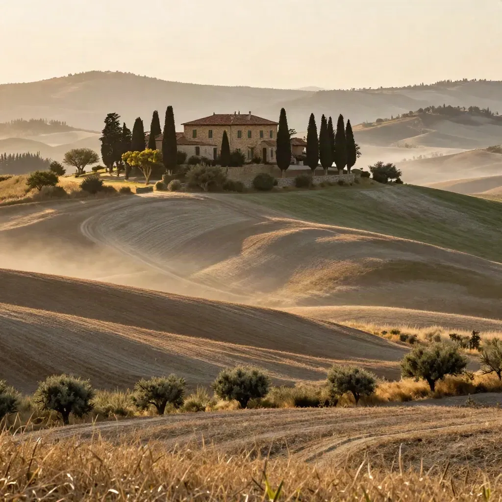 Collina toscana al tramonto con villa in pietra, cipressi e campi arati nella foschia.