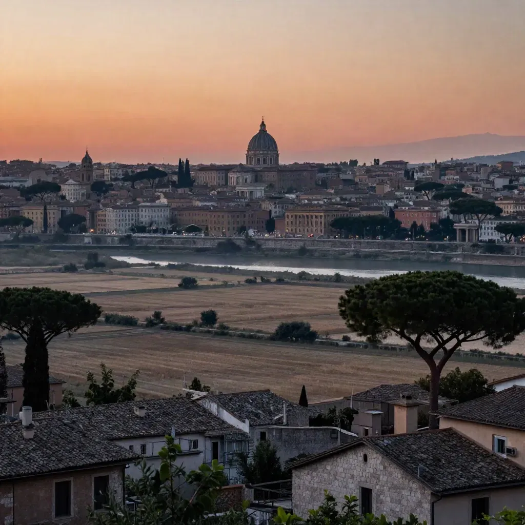 Veduta del Lazio con cupola lontana, pini, tetti in travertino e Tevere nella foschia serale
